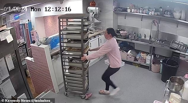 When Isabel (pictured) moves the cart, her shoe gets caught under the wheel and sends her pastries flying across the floor.