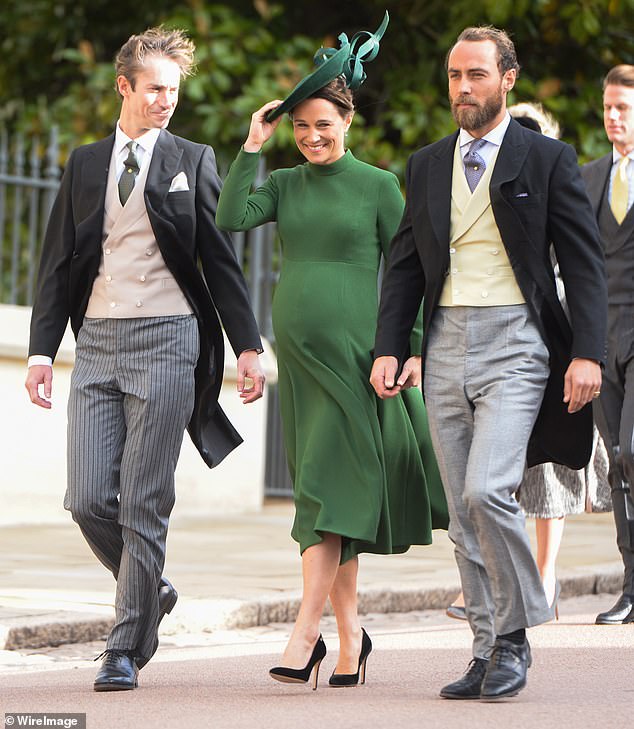 Pippa Middleton is pictured with her husband, James Matthews (left) and brother, James Middleton (right) in 2018.