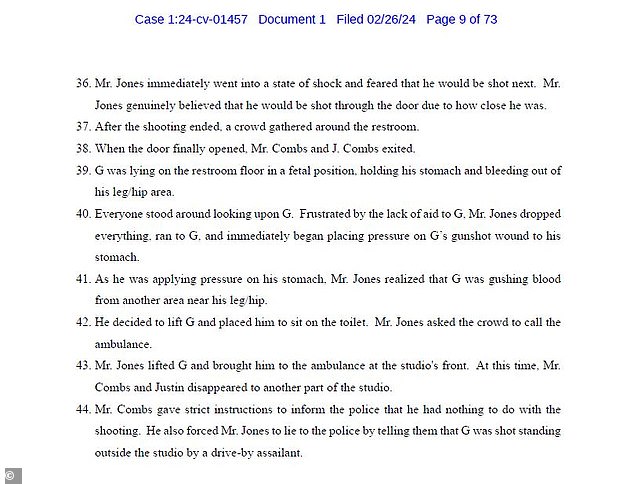 Lil Rod alleged in his lawsuit that Diddy was drinking, had illegal drugs and firearms and that he or his son Justin had shot G.