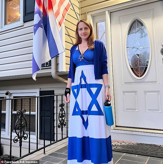 Dr. Adi Vaxman photographed outside her home in New Jersey wearing a dress with the Israeli flag