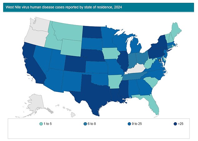 The above shows where West Nile virus has been detected in the United States.