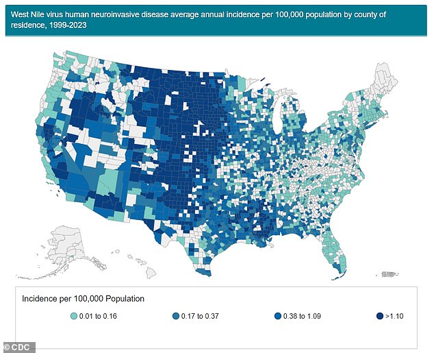 The above shows where West Nile virus patients developed the most severe neuroinvasive West Nile virus disease between 1999 and 2023.