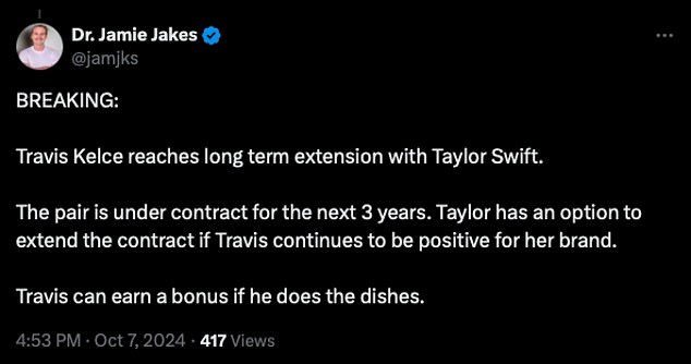 Another humorously added: 'BREAKING: Travis Kelce reaches long-term extension with Taylor Swift. The couple has a contract for the next 3 years.