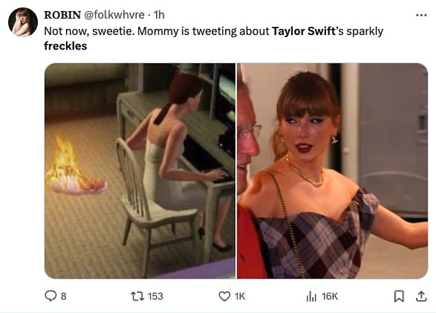 Someone else humorously added: 'Not now darling. Mommy is tweeting about Taylor Swift's bright freckles