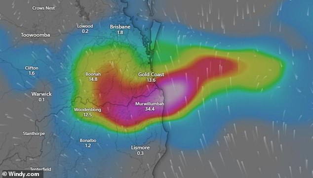 The weather system (pictured) is expected to move inland on Wednesday before losing most of its power as it crosses central Queensland on Thursday.