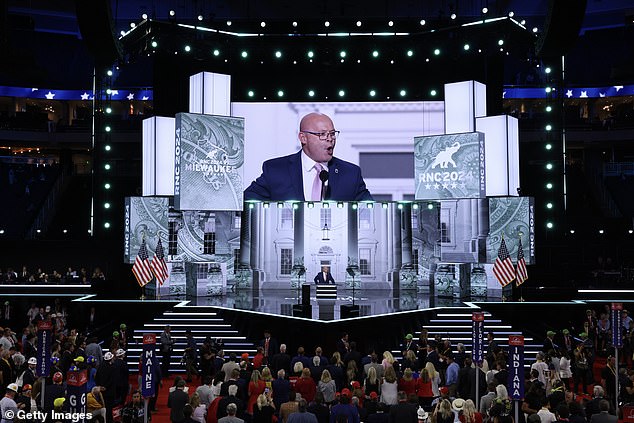 Sean O'Brien appears on stage on the first day of the Republican National Convention in July.