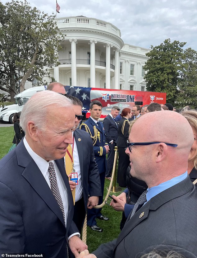 Teamsters General President Sean O'Brien is seen meeting with President Joe Biden in April 2022. Union members were fans of Biden, but appear to be less interested in Harris.