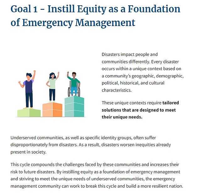 FEMA's website lists its 'Goal 1' as instilling 'equity as a foundation of emergency management'