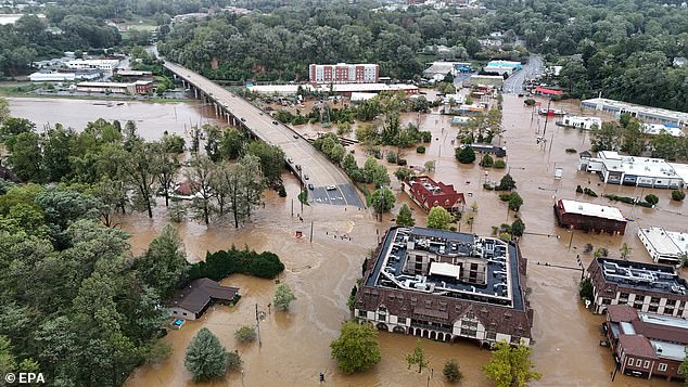 At least 227 people died as a result of Hurricane Helene (pictured in Asheville, North Carolina), while FEMA has come under scrutiny for its response.