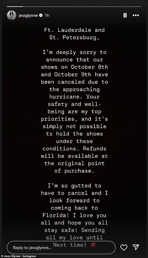 The singer, 34, announced on Instagram on Monday that her tour dates in Ft. Lauderdale and St. Petersburg scheduled for Tuesday and Wednesday could no longer go ahead.