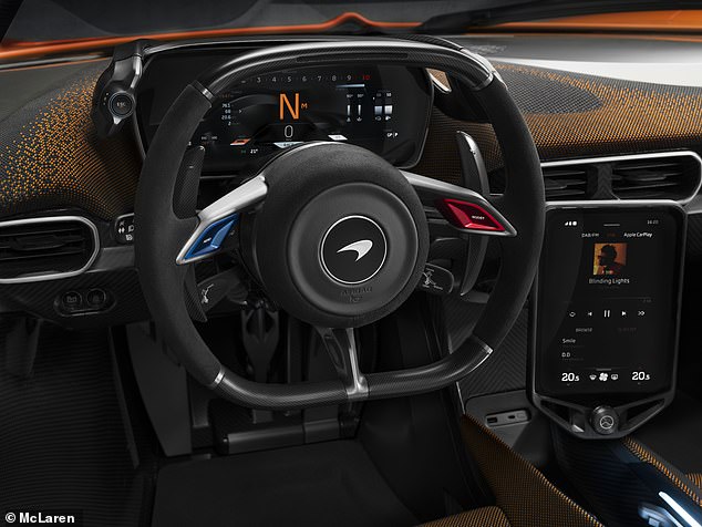 It's pretty high-tech for a hypercar, with an eight-inch screen with Apple CarPlay and USB-C, just two buttons on the small, flat-bottomed steering wheel, and Bowers and Wilkins speakers.