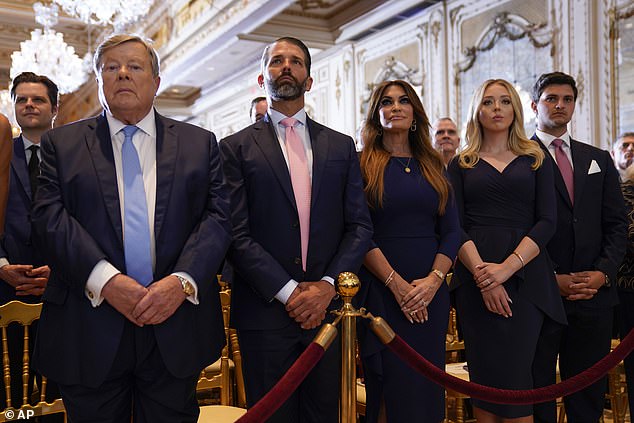 In more recent years, Melania's father, Victor Knavs (left), has supported former President Donald Trump at political events. He was photographed alongside (from left) Donald Trump Jr., Kimberly Guilfoyle, Tiffany Trump and Michael Boulos after the former president was impeached in April 2023.