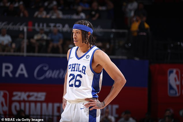 The 23-year-old is shown playing for the Philadelphia 76ers in July 2024.