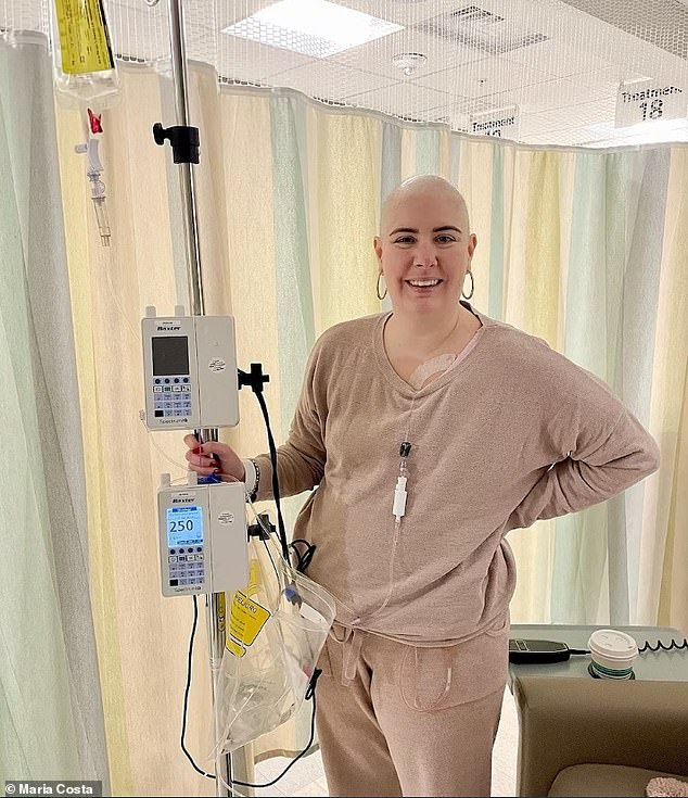 Maria Costa (pictured during treatment), 35, was diagnosed with stage three breast cancer after a year of requesting a mammogram. Now she fears she won't be able to date or have children.