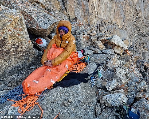 British mountaineer Manners seen on the mountain in a sleeping bag