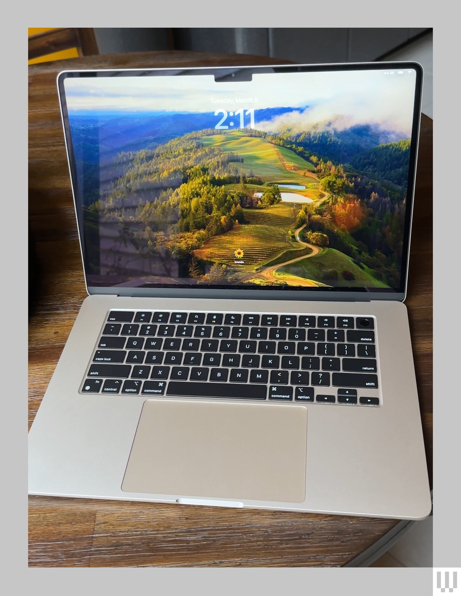 Open slim silver laptop on a wooden surface with a field as a wallpaper