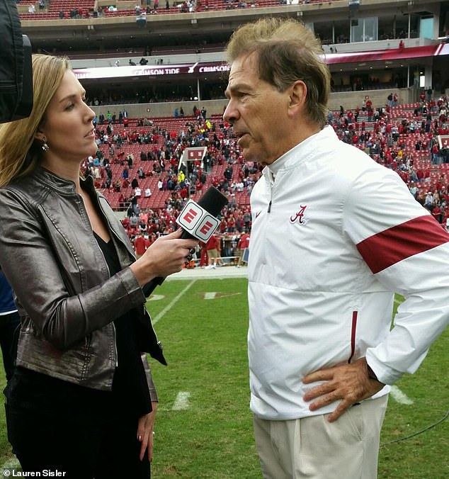 Sisler, now an ESPN sideline reporter, talks with legendary Alabama coach Nick Saban