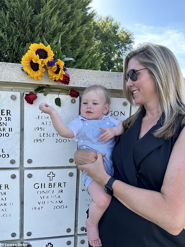 The award-winning journalist visits her parents' grave with her young son, Mason