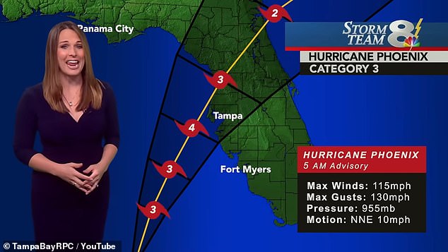 The images show simulated weather reports showing a monster hurricane approaching Tampa.