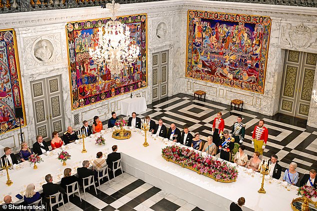 The event (pictured), held at Christiansborg Palace in Copenhagen, was held in honor of the state visit of Icelandic President Halla Tomasdottir with her husband Bjorn Skulason.