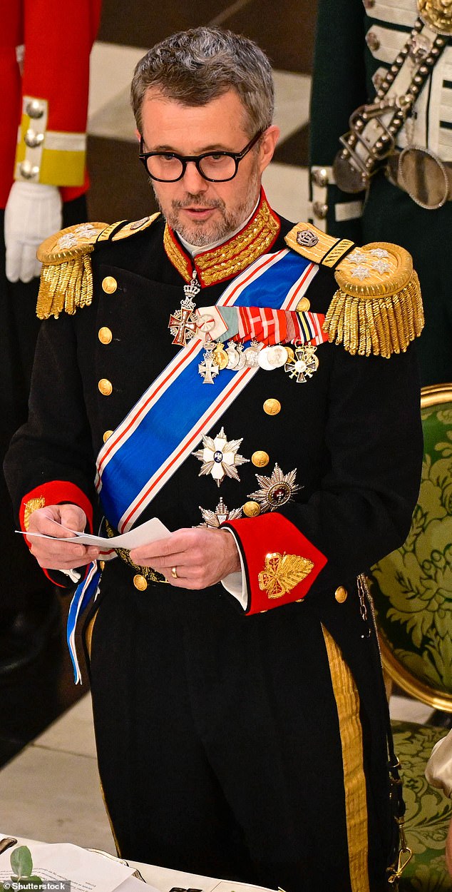 King Frederik (pictured), looking elegant in a dress uniform, gave a speech during the state banquet on Tuesday night.