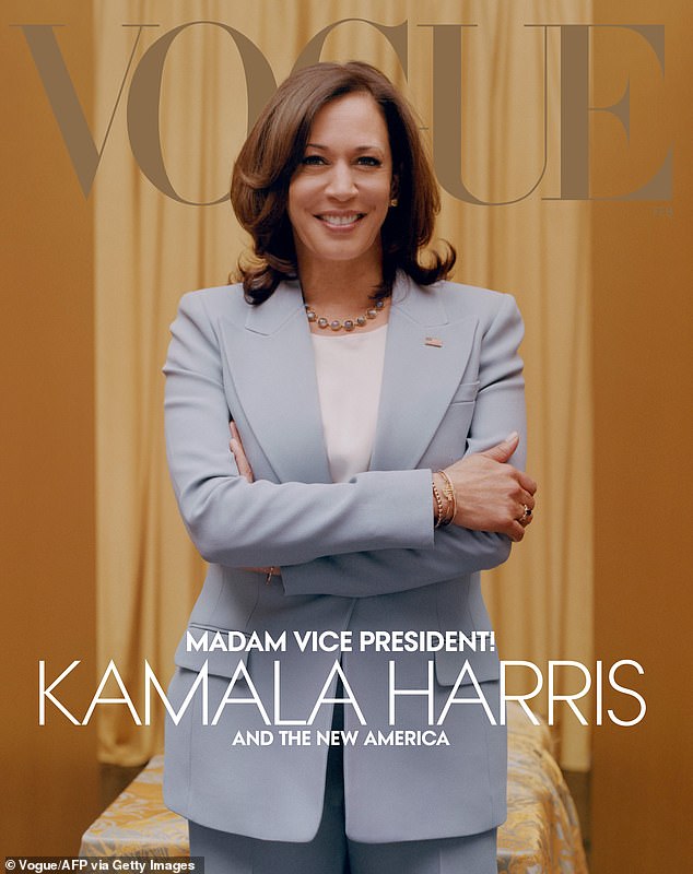 Her $15,380 labradorite and rose gold necklace was on display for Harris' Vogue 2021 cover along with a pair of matching $2,660 earrings.