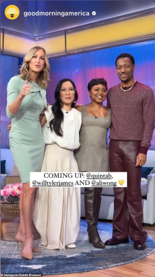 The 34-year-old actress and TV writer appeared on the daily broadcast alongside her Abbott Elementary co-star Tyler James Williams, 31, and comedian Ali Wong, 42.