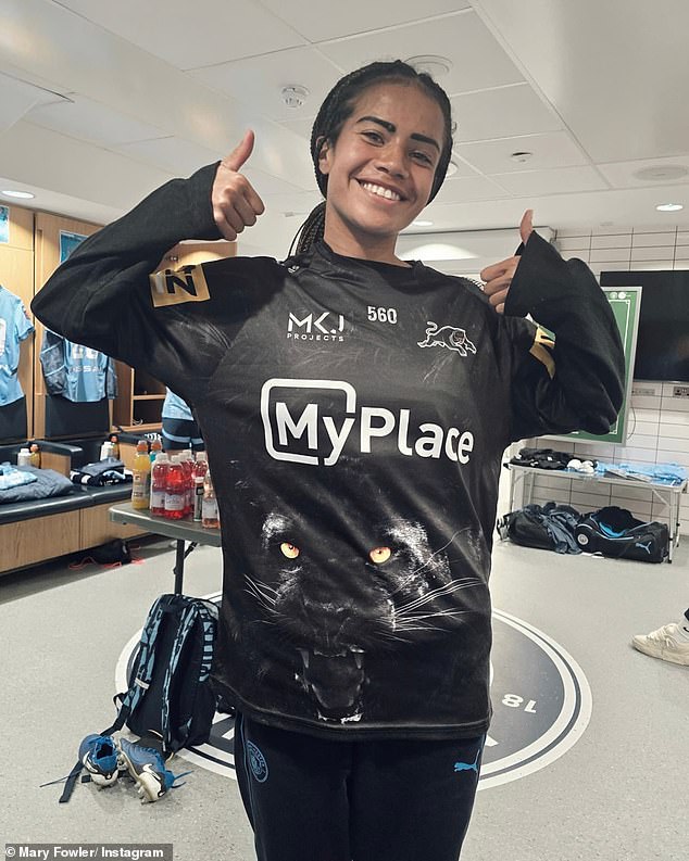 Fowler posted this photo of her wearing her boyfriend's shirt in the Manchester City dressing room shortly after Penrith's impressive win in the grand final.