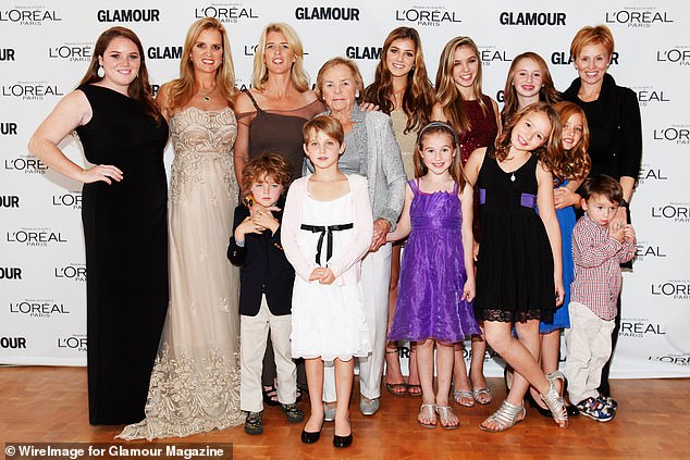 Ethel Kennedy posing backstage with members of her family in 2012 at Carnegie Hall