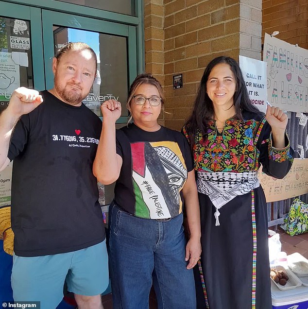 Mr Lees is seen with Greens senator Mehreen Faruqi and Sarah from the Families for Palestine group.