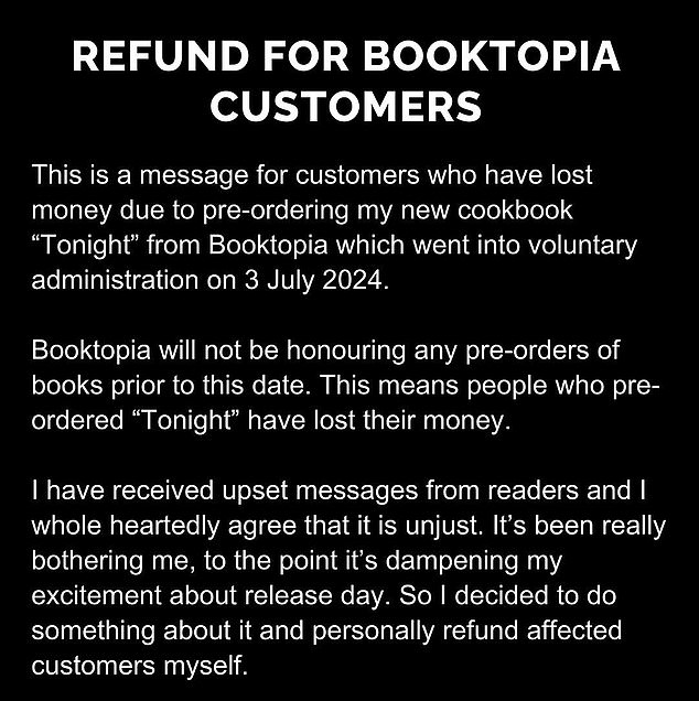 She said those who bought her book on Booktopia can contact her for a refund.