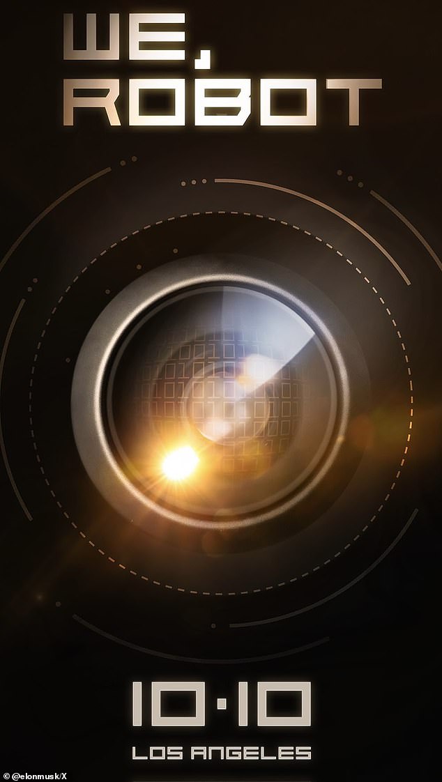 Tesla's event promotional image for RoboTaxi features a close-up of a digital camera lens that looks like an eye, possibly representing the eye of a robot or artificial intelligence system.