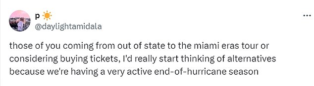 Some fans expressed fear for their safety if they attend the Eras Tour in Miami next week. The South Florida city is not expected to be seriously affected by the hurricane