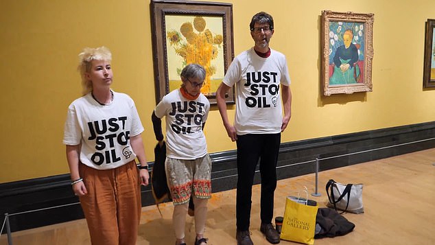 Three Just Stop Oil supporters poured soup over two of Van Gogh's paintings at the 'Poets and Lovers' exhibition at the National Gallery after other activists were jailed for doing the same in 2022.