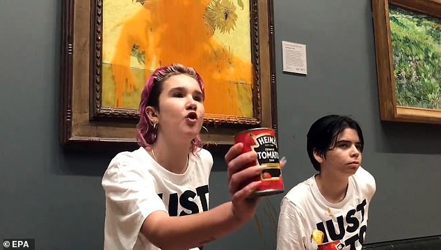 In October 2022, Phoebe Plummer, 23 (left) and fellow activist Anna Holland, 22 (right), threw two cans of Heinz soup at the Sunflowers at the National Gallery in London.