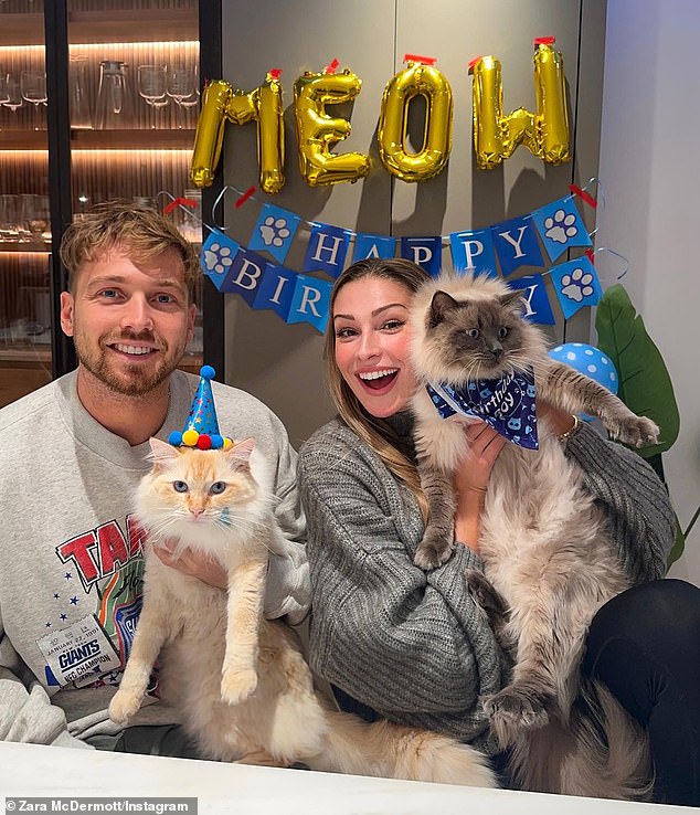 In the now-deleted story, Zara, who has two furry friends, was visibly upset in the video (pictured with her boyfriend Sam Thompson).