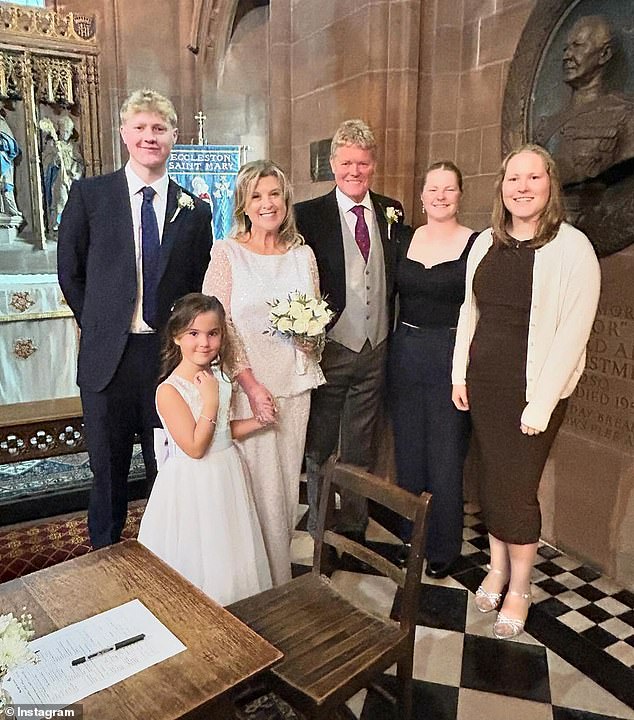 Meanwhile, Jonathan looked dapper in a three-piece suit as they posed for photos after the ceremony in Eccleston, Lancashire, with his family.