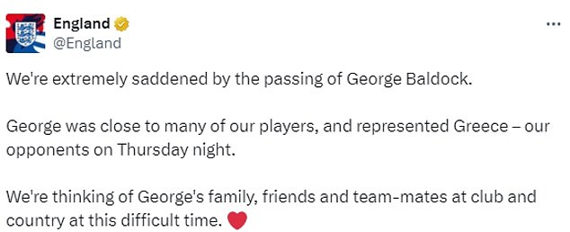 England paid tribute to Baldock ahead of the clash with Greece at Wembley on Thursday.