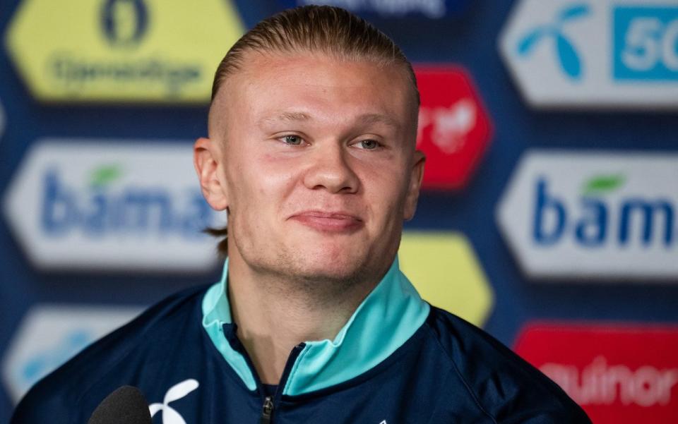 Norwegian striker Erling Haaland speaks to the press while on international duty