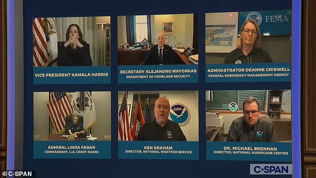 As National Weather Service Director Ken Graham spoke, Harris can be seen covering his mouth and heard saying: 