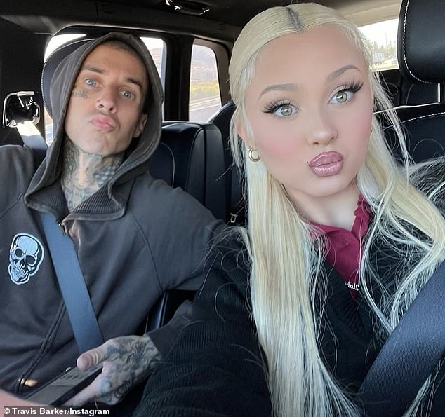 Travis, who rose to fame as the drummer for Blink-182, shares Alabama and son Landon, 21, with ex-wife Shanna Moakler; Travis pictured with Alabama