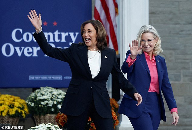 Vice President Kamala Harris (left) campaigned for the first time Thursday with former Republican Rep. Liz Cheney (right), who endorsed the Democrat. Cheney's father, former Vice President Dick Cheney, has also endorsed Harris.