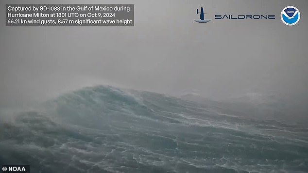 Terrifying drone camera footage captured massive 28-foot waves caused by the hurricane.