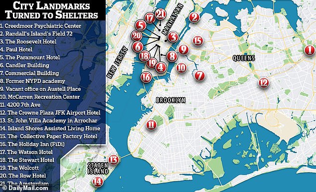 Twenty-two of the hotels were in midtown Manhattan with a total of 214 emergency shelter sites spread across the city at the peak of the crisis.