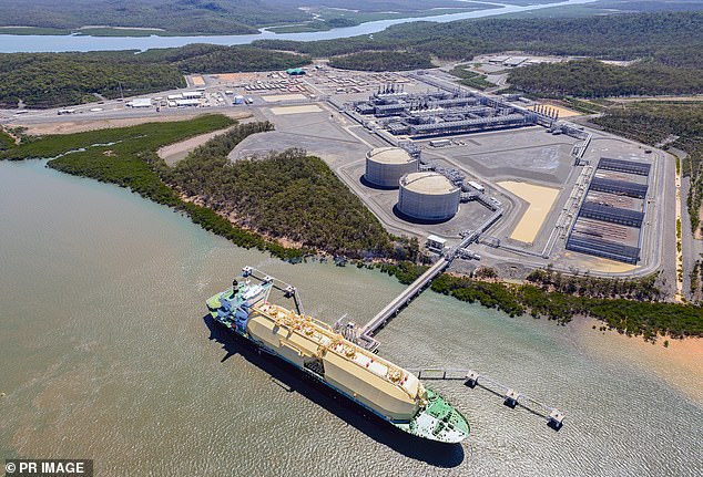 About 80 per cent of natural gas produced in Australia is liquefied for Asian countries (pictured, Origin Energy's Australian Pacific liquefied natural gas facility on Curtis Island in northern Queensland).