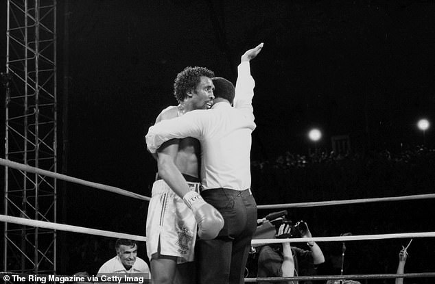 It all ends when referee Richard Steele steps in to stop the fight with Hearns beaten and bloodied.