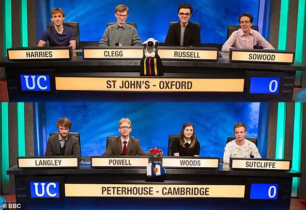 Peterhouse College (below) at the University of Cambridge emerged victorious from the final of the University Challenge in 2015. Out of 53 heats in the competition, a team from Oxford or Cambridge won 27 times