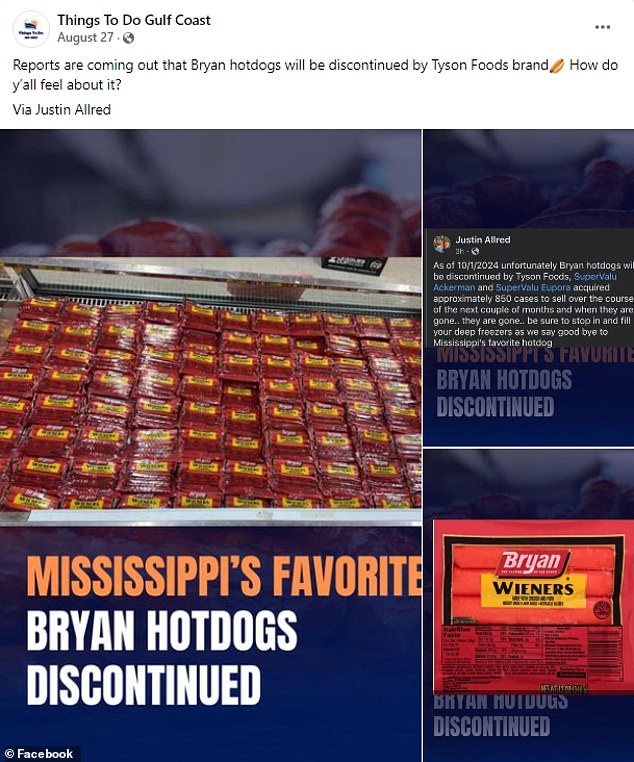 Another Facebook post with the news that Bryan sausages are discontinued