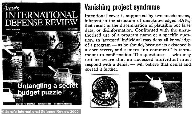 Above, an excerpt from the January 2000 issue of the national security magazine Jane's International Defense Review, in which journalist Bill Sweetman first made public the existence of 