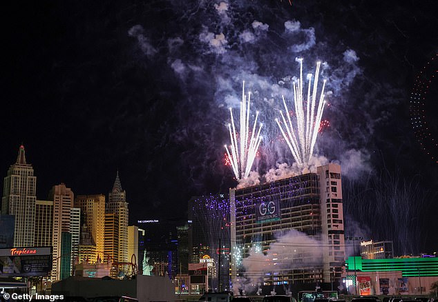 The fireworks display before the Tropicana Las Vegas implosion on October 9, 2024